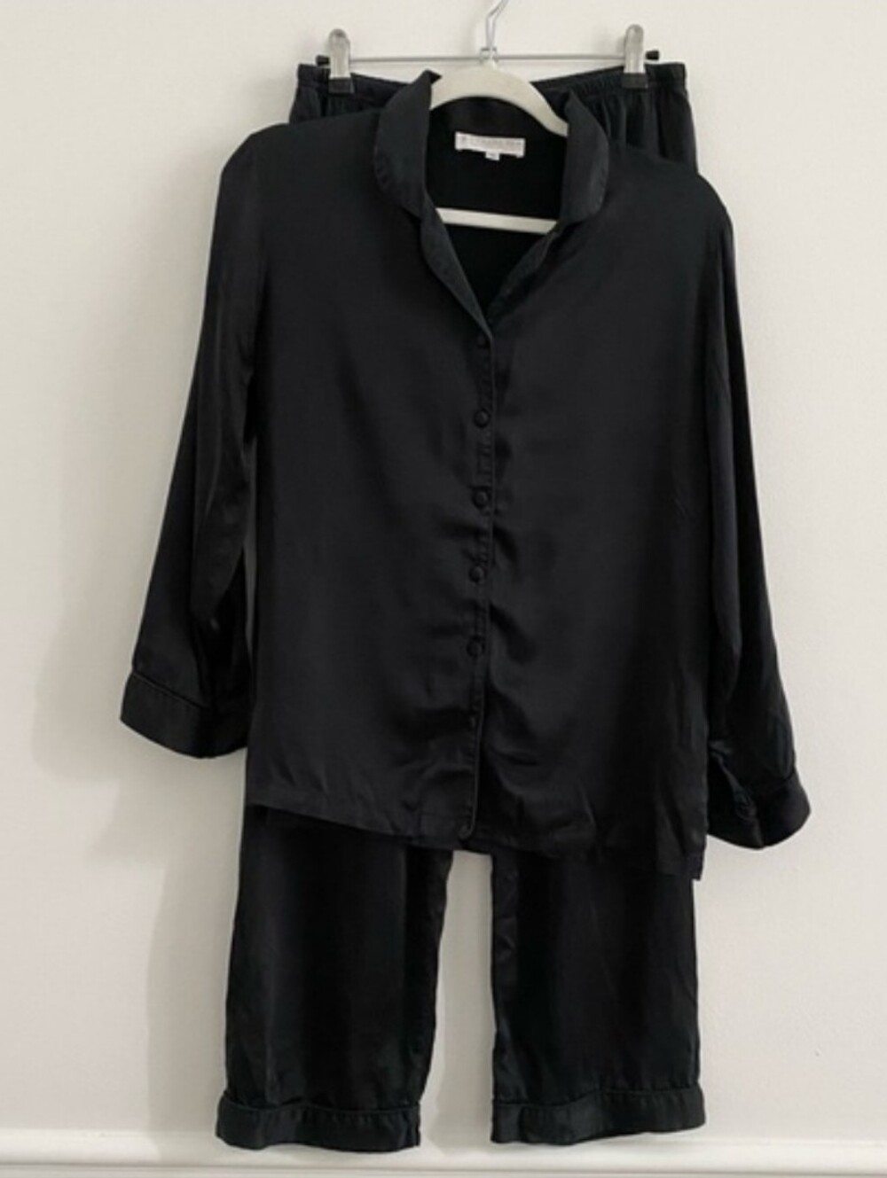 Texere Silk Hand Painted 100% Silk Black Pajama Set Shirt & Pants Medium - Picture 2 of 9